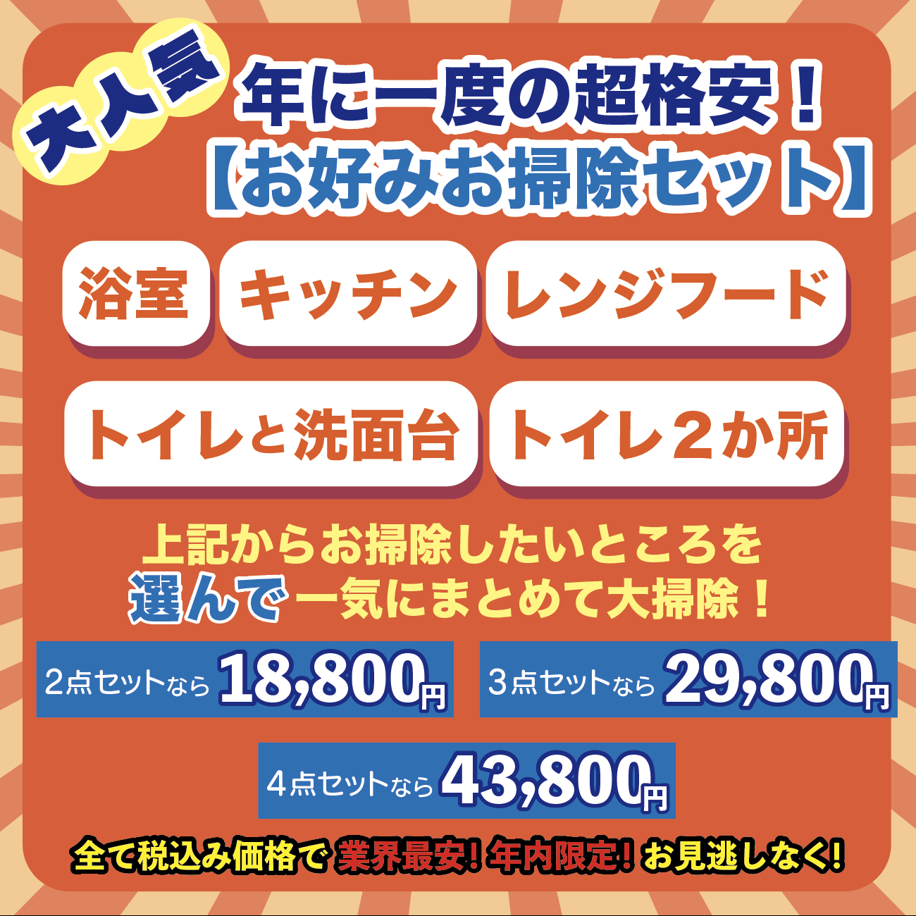 10月～12月期間限定！業界最安【お好みお掃除セット】大人気！年に一度